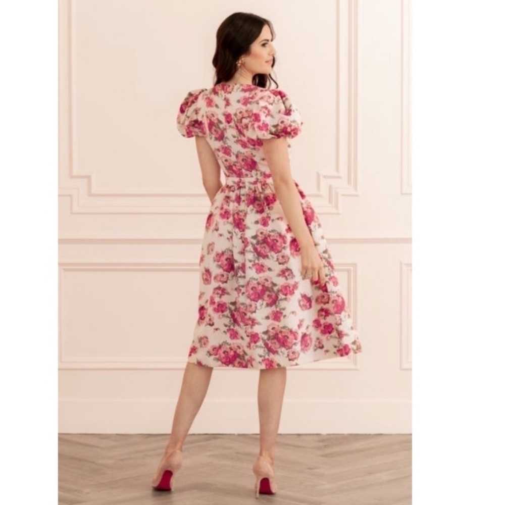 RACHEL Parcell Pink Brocade Floral Puff Sleeve Dress - Picture 7 of 17
